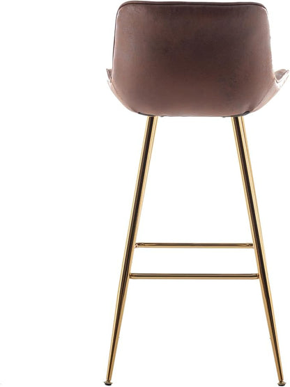 Sidanli Velvet Bar Stools Set of 2, Armless Bar Chairs with Gold Metal Legs, 29inch Counter Height Kitchen Island Stools with Back, Brown