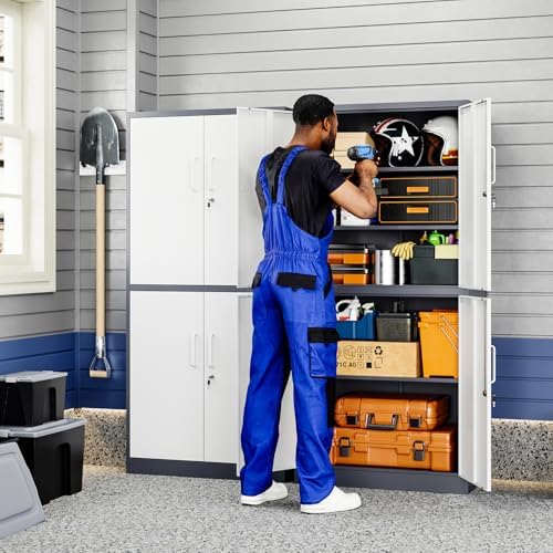 Yizosh Metal Storage Locking Cabinet with 4 Doors and 2 Adjustable Shelves,71" Lockable Garage Tall Steel Cabinet,for Home Office,Living Room,Pantry,Gym,Commercial Storage (Gray White)