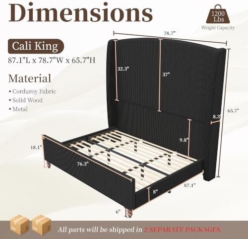 66" Extra Tall Cal King Size Bed Frame with Wingback Headboard, Black