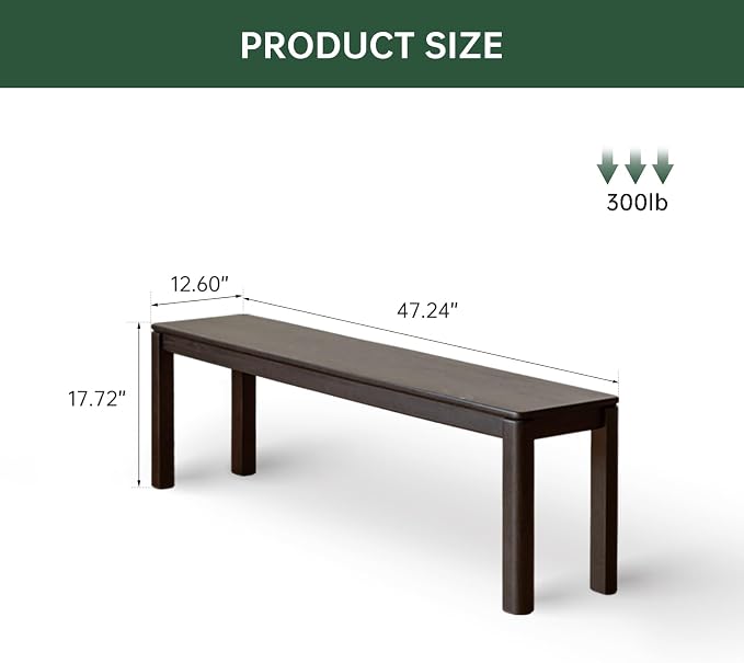 47.2'' 100% Solid Wood Dining Bench, Oak Wood Long Bench for Dining Table, End of Bed, Entryway, Hallway, Sofa Back, Suqare Bench for Dining Room Kitchen Bedroom Living Room, Black