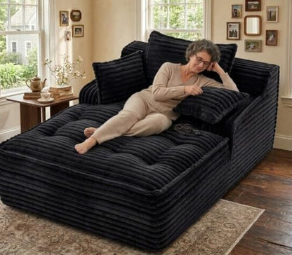 67'' Chaise Lounge Chair Indoor, Oversized Corduroy Upholstered Boneless Sofa Bed, Sleeper Couch Reading Chairs with 3 Pillows, Cloud Sofas Couches for Living Room, No Assembly Required (Black)