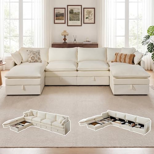 Myroyalsit Modular Sofa with Storage, 135" U Shape Sectional Cloud Couch, Oversized Fabric Couch with Movable Ottoman, 6 Seat Modern Deep Seat Sofa for Living Room (Beige Chenille)
