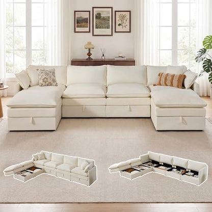 Myroyalsit Modular Sofa with Storage, 135" U Shape Sectional Cloud Couch, Oversized Fabric Couch with Movable Ottoman, 6 Seat Modern Deep Seat Sofa for Living Room (Beige Chenille)