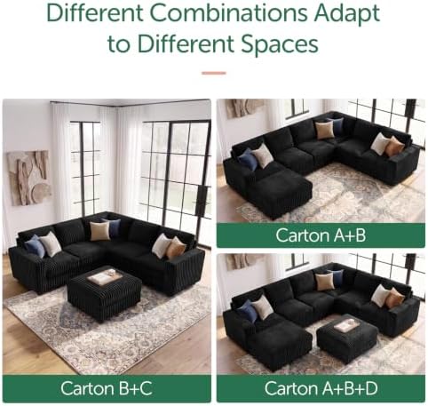 HONBAY Corduroy Sectional Sofa with Ottoman, 6 Seat L Shaped Couch, Black