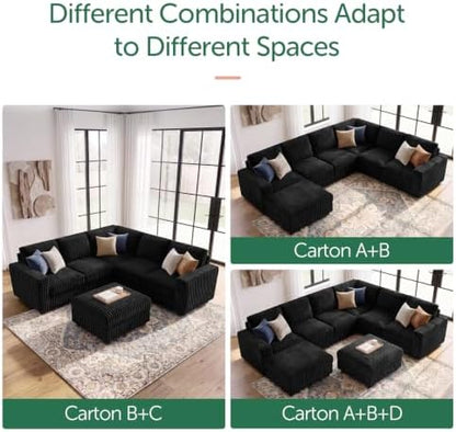 HONBAY Corduroy Sectional Sofa with Ottoman, 6 Seat L Shaped Couch, Black