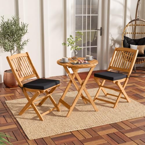 Tangkula 3 Piece Patio Folding Bistro Set, Outdoor Acacia Wood Chair and Table Set w/Padded Cushion& Round Coffee Table, Ideal for Indoor Patio Poolside Garden (Black)