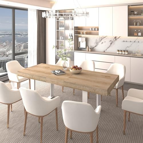 78.74'' Extendable Rectangular Dining Table for 4-8, Modern Mid-Century Farmhouse Wood Expandable Kitchen Dinner Conference Table for Living Room Office, White & Oak