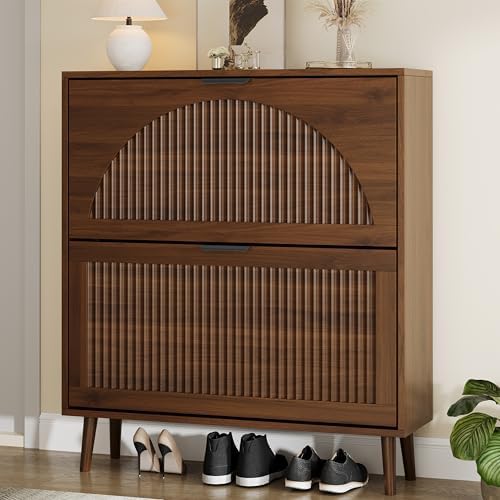 Fluted Shoe Cabinet with 2 Flip Drawers, Narrow Wood Shoe Storage Cabinet, Slim Shoe Rack for Entryway, Freestanding Shoe Cabinet for Living Room, Hallway, Walnut