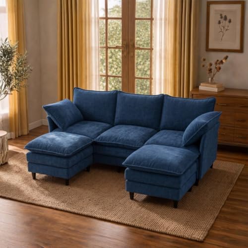69" Small U-Shaped 4-Seat Convertible Sectional Sofa Couch, Chenille, Blue