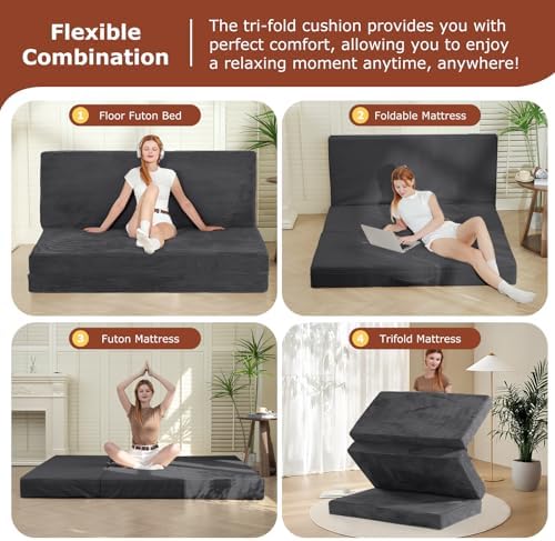 6-Inch Tri-Fold Foldable Mattress, Folding Sofa Bed with Removable Washable Cover, Futon Mattress Full Size Floor Guest Mat with Non-Slip Bottom Carry Handles for Camping (Gray, Single)