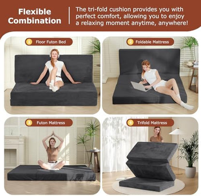 6-Inch Tri-Fold Foldable Mattress, Folding Sofa Bed with Removable Washable Cover, Futon Mattress Full Size Floor Guest Mat with Non-Slip Bottom Carry Handles for Camping (Gray, Single)