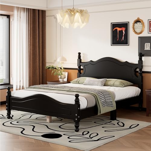 Merax Vintage Wood Platform Bed Frame with Cruved Headboard,Full, Black