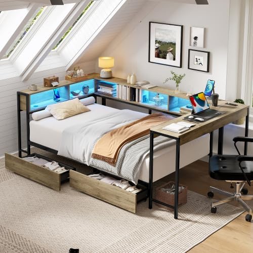 Bellemave Full Corner Bed Frame with Desk and Storage, Full Size Captains Bed with Charging Station and LED Light, Wood Daybeds with L-Shaped Bookcase and 2 Drawers, Grey