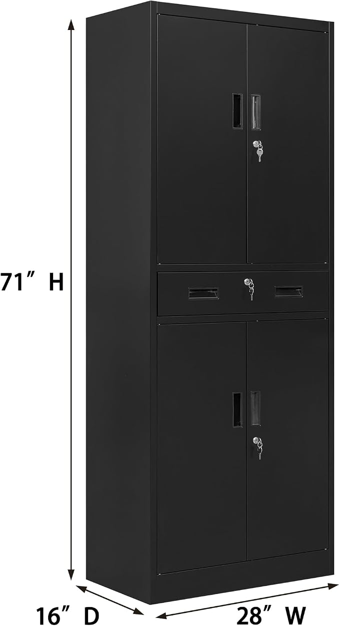 Wanfu Metal Storage Cabinet, 71" H x 28" W x 16" D Locking Storage Cabinet with Adjustable Shelves and 1 Drawer, Steel Cabinet for Office, Garage, Home, School, Utility (Black)