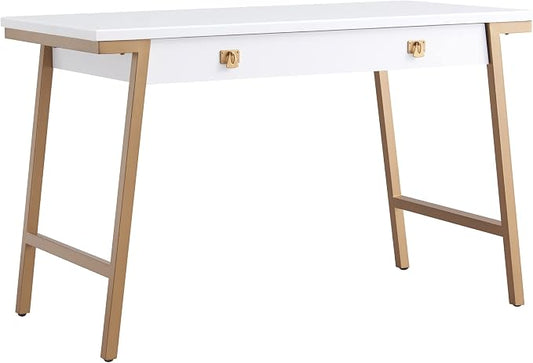 Leick Home 11400-WT Empiria Mixed Metal and Wood Computer Desk with Drop Front Keyboard Drawer, White/Gold