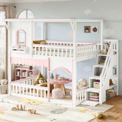 Full Over Full Size House-Shaped Wooden Bunk Bed with Window, White