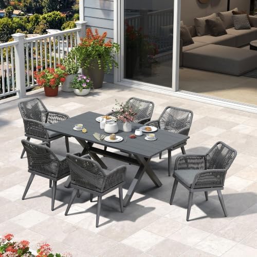 PURPLE LEAF Outdoor Table and Chairs for 6 Woven PE Rattan Aluminum Grey