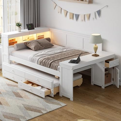 Bellemave Full Corner Bed Frame, Full Size Captain beds with Storage Cabinets and Desk, Wood Daybed with Bookcase Trundle and Drawers, White