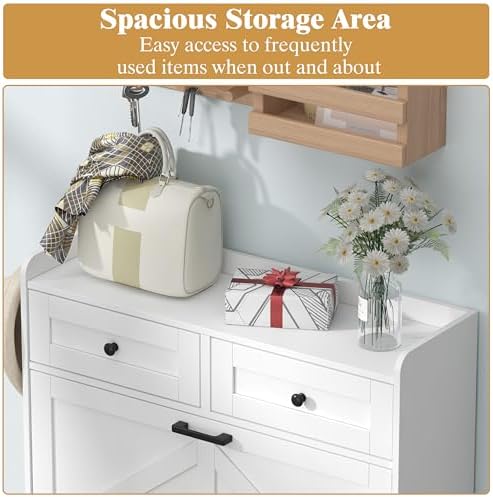 Thacuok White Shoe Cabinet with 2 Flip Drawers & 2 Storage Drawers, Rustic Farmhouse Narrow Shoe Organizer Cabinet, Slim Shoe Rack Cabinet, Shoe Storage Cabinet for Entryway, Hallway, Front Door