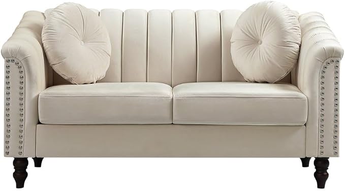 60" Loveseat Sofa, Microfiber Chesterfield Upholstered Sofas Love Seat, Couch Chair Sets with Style Button Tufted, Scroll Arms and Nailhead for Living Room, Office, White