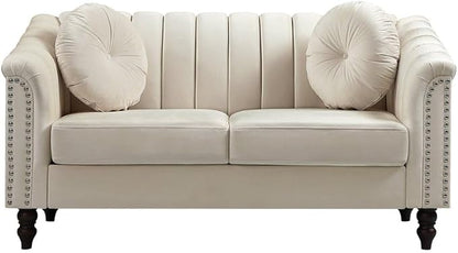 60" Loveseat Sofa, Microfiber Chesterfield Upholstered Sofas Love Seat, Couch Chair Sets with Style Button Tufted, Scroll Arms and Nailhead for Living Room, Office, White