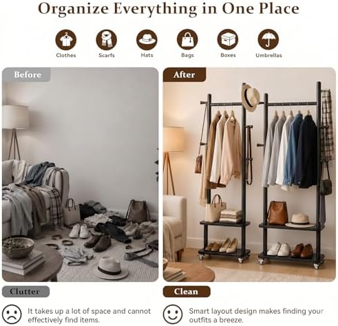 Coat Rack Freestanding Solid Wood Clothes Rack with Wheels