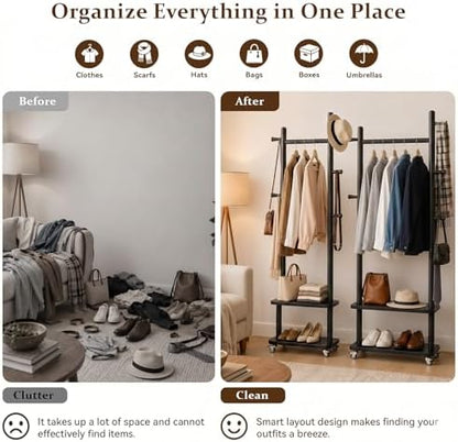 Coat Rack Freestanding Solid Wood Clothes Rack with Wheels