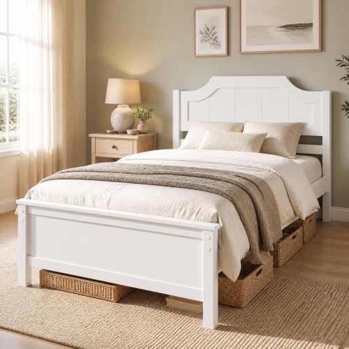 KOMFOTT Twin Size Bed Frame with Headboard, Wood Platform Bed (White)