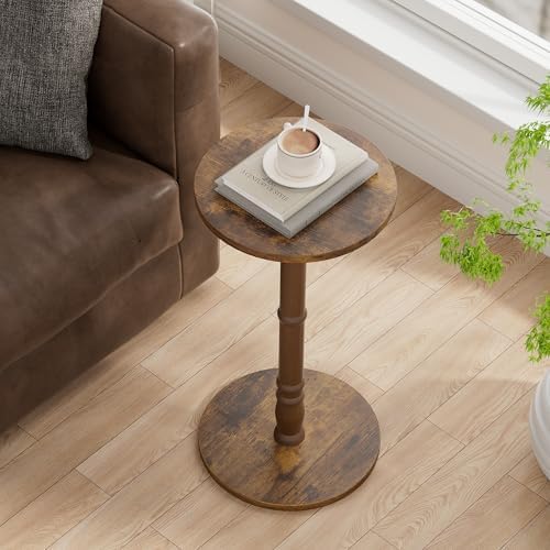 Round Side Tables Set of 2 with Solid Wood Pillar, Drink Tables