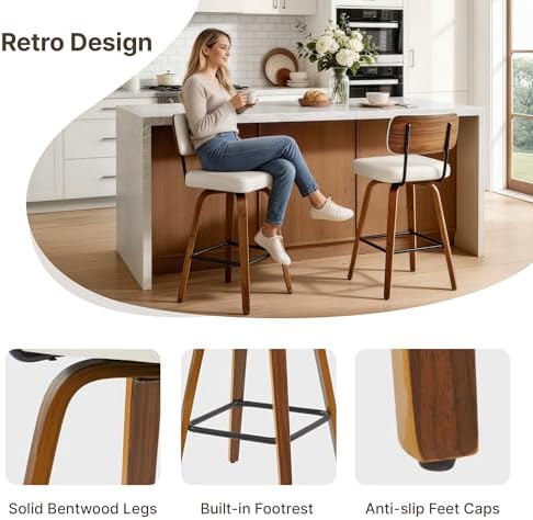 Swivel Bar Stools Set of 2, 26" Counter Height with Wooden Back, Ivory