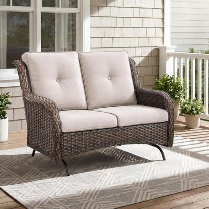Outdoor Wicker Glider Loveseat, Porch Glider 2 Seater Couch, Brown/Beige