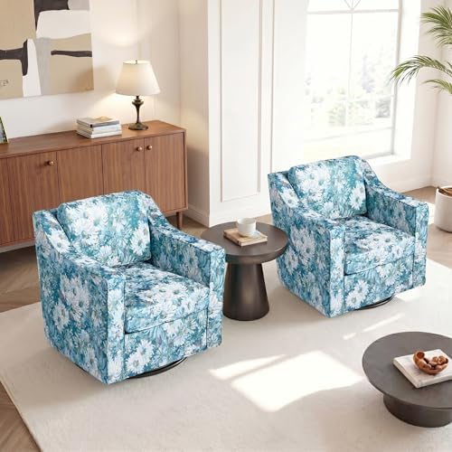 Swivel Accent Chairs Set of 4, Floral Upholstered Armchair, Cyan