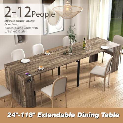 24"-118" Extendable Dining Table with Storage & Outlet for 2-12 People, Oak