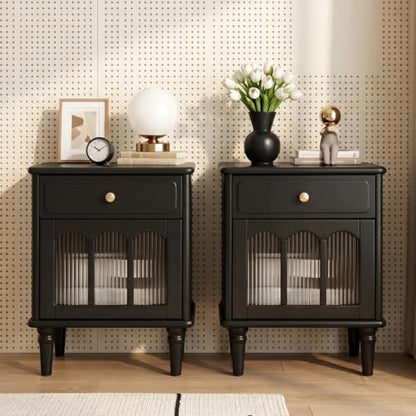 Solid Wood Nightstand Set of 2, Wooden Nightstands with Drawer and Fluted Glass Door – Mid Century Modern Farmhouse Vintage Night Stand, Left and Right Set, 15.75" D x 16.54" W x 22.83" H