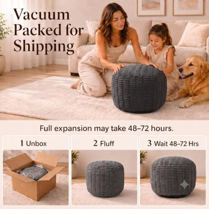Round Pouf Ottoman, Charcoal Gray, 20"x13", Corduroy Foot Rest