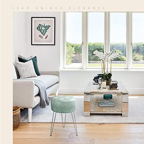 LUE BONA Small Vanity Stool Chair for Makeup Room, Mint Green Stool for Vanity, 19” Height, Tufted Faux Leather Vanity Chair Stool with Metal Legs, Modern Foot Stool Ottoman for Bedroom, Living Room