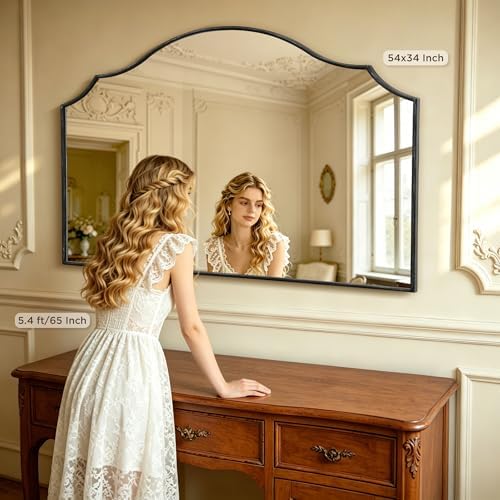 Black Scalloped Wall Mirror: 54"x34" Oversized Wood Arched Mirror