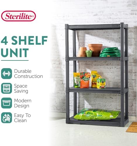 Sterilite 4 Shelf Unit, Heavy-Duty Plastic Utility Storage Rack, 2-Pack
