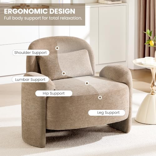 Accent Chair for Living Room, Modern Chenille Fabric Lounge Reading Sofa Chair with Lumbar Pillow, Upholstered Arm Chairs for Bedroom, Office, Brown