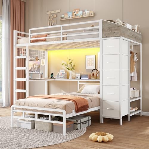 Bunk Bed Twin Over Twin with Hall Tree, Charging Station and LED Lights, L-Shaped Bunk Bed with Desk, 5 Storage Drawers, Twin Bunk Beds with Guardrail & Stairs, No Box Spring Needed, White