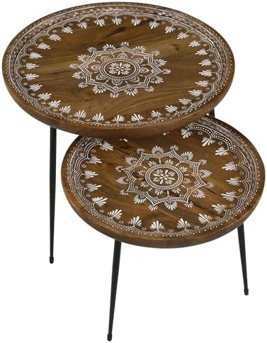 Coaster Home Furnishings - Nuala - 2-Piece Round Mango Wood Nesting Tables with Tripod Legs and Hand-Painted Floral Motifs - Mid-Century Modern - Living Room - Honey Finish - 935984