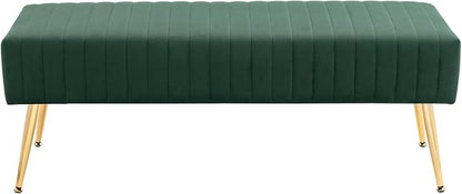 Furniliving 44 Inch Entryway Benches, Upholstered Tufted Striped Fabric Ottoman Bench with Polished Gold Metal Legs for Living Room, Solid Wood Indoor Bench for Foyer (DarkGreen)