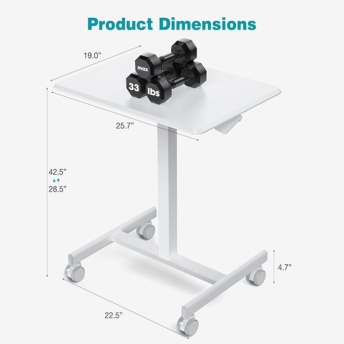 DUMOS Mobile Rolling Desk with Wheels Adjustable Height Small Standing Desks Portable Laptop PC Table Computer Workstation for Home Office Small Space Pure White
