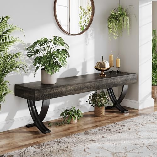 Tribesigns Entryway Shoe Bench, 55-Inch Wooden Shoe Bench with Metal X-Shaped Legs, Industrial Long End of Bed Stool with Seating for Living Room, Bedroom, Hallway, Porch (Oak & Black)