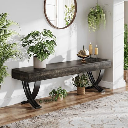 Tribesigns Entryway Shoe Bench, 55-Inch Wooden Shoe Bench with Metal X-Shaped Legs, Industrial Long End of Bed Stool with Seating for Living Room, Bedroom, Hallway, Porch (Oak & Black)