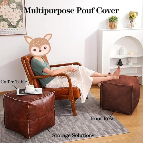 Louis Donné 18 Inch Square Unstuffed Pouf Ottoman Cover, Waterproof Faux Leather Footstool, Moroccan Floor Cushion with Storage, Easy Clean for Living Room, Coffee Brown, Cover Only