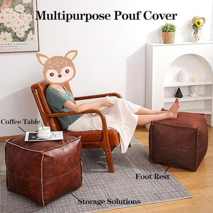Louis Donné 18 Inch Square Unstuffed Pouf Ottoman Cover, Waterproof Faux Leather Footstool, Moroccan Floor Cushion with Storage, Easy Clean for Living Room, Coffee Brown, Cover Only