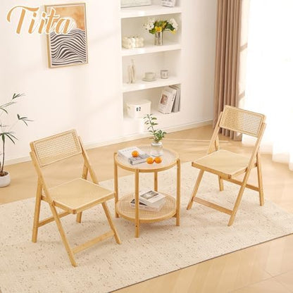 Tiita Rattan Folding Dining Chairs Set of 2, Bamboo Frame, Wood