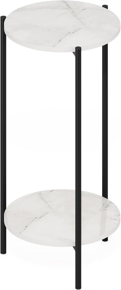 Furinno BESI Night Stand, 2-Tier Tall Round Nightstand with Metal Legs, Metal Frame Narrow End Table with Open Shelf, Side Table, Bedside Table, for Bedroom, Closet, Dorm, Marble White