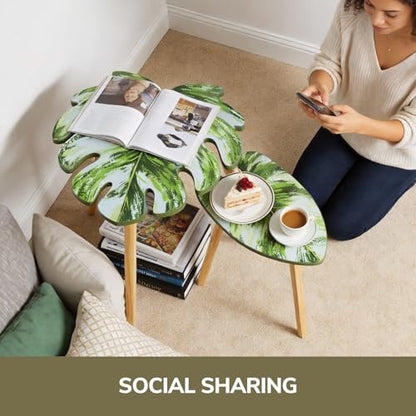 BAMEOS Monstera Leaf Nesting Tables Set of 2, Small Side Tables f Set with Leaf Vein Pattern, Modern Wooden CoffeeTables for Living Room Bedroom Apartment Balcony Yard